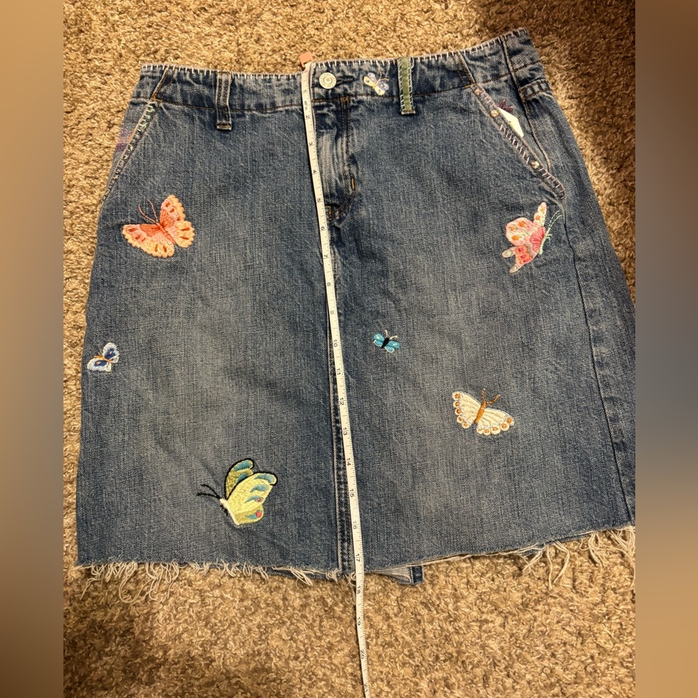 Denim Butterfly Embroidered A-Line Skirt - Blue - Picture 4 of 5